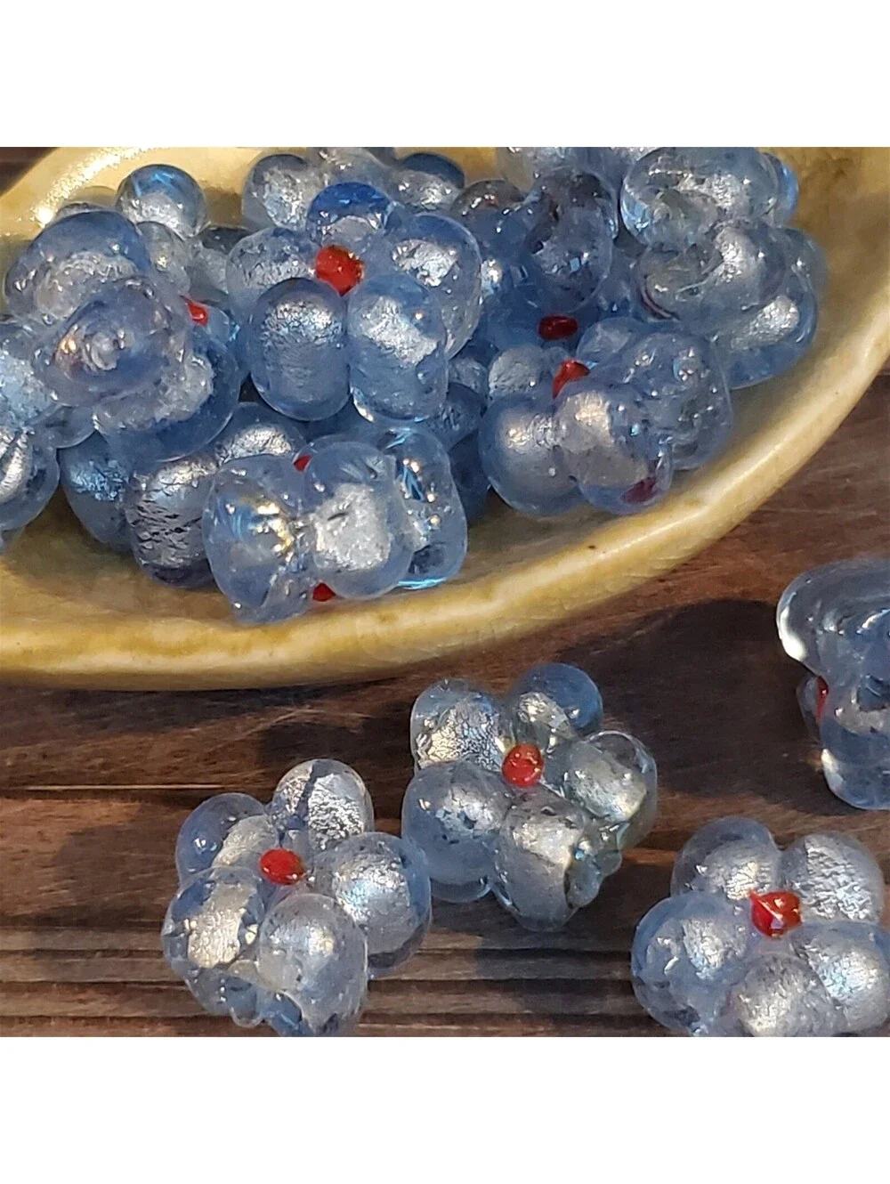 Vintage Handcrafted India Glass Icy Blue Flower Beads with Silver Foil 5 pcs